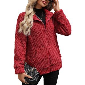 Women's Full Zip Stand Collar Fleece Sherpa Jacket with Pockets Wine Red